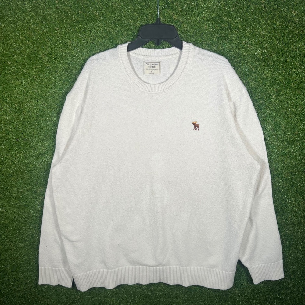 Abercrombie & Fitch Mens XL Cream Knit Crewneck Moose Logo Sweater